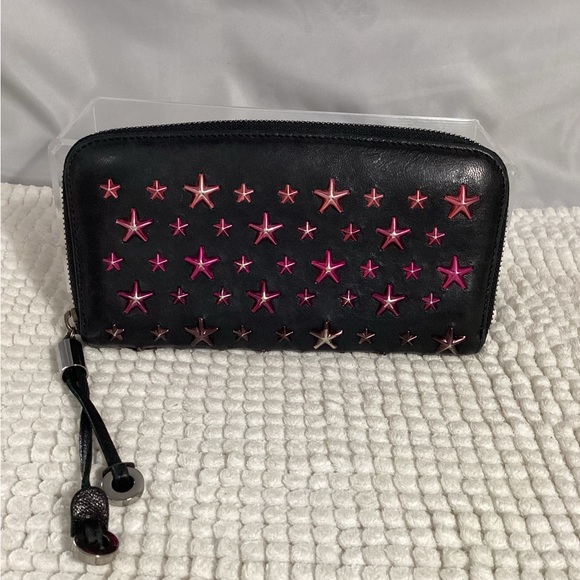 Jimmy Choo RARE Pink Star Studded Long Zippy Black Leather Wallet Clutch - Picture 2 of 15